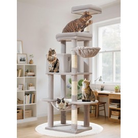 Taoqimiao MS042W Cat Tree,66-inch Large Cat Tower with Scratching Posts, Luxurious Large Platform for Big Cats with Soft Hammock, Adjustable Basket, Deluxe Cat Cando, Top Perch Light Gray