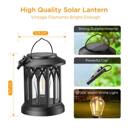 GEARLITE Solar Lights for Outdoor Garden Hanging, 2 Pieces Solar Lanterns for Outdoor Use with Warm White Tungsten Lights, IP65 Waterproof Solar Lights with Clip for Outdoor Balcony Gifts Patios