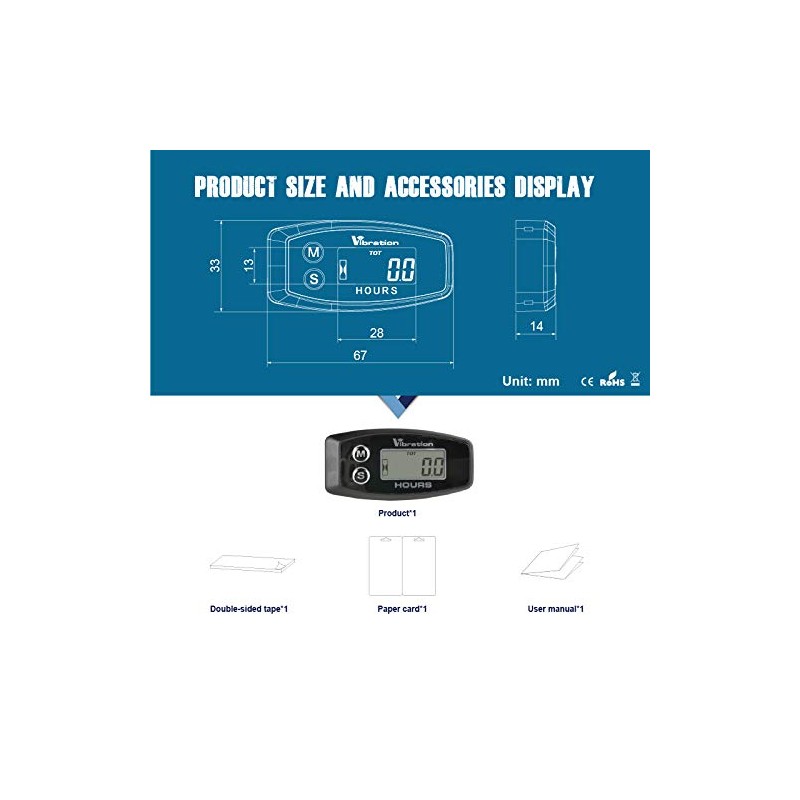 Jayron Digital Wireless Hour Meter,Vibration Activation,Maintenance Reminder,Resettable Job Timer,User Lock