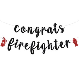 Congrats Firefighter Banner, Class of 2024/Congrats Grad, Fire Department Graduation Party Decoration Supplies for Fireman, Black Glitter