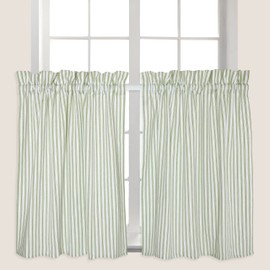 Cackleberry Home Tarragon Green and White Ticking Stripe Cafe Curtains Woven Cotton 28 Inches W x 30 Inches L, Set of 2
