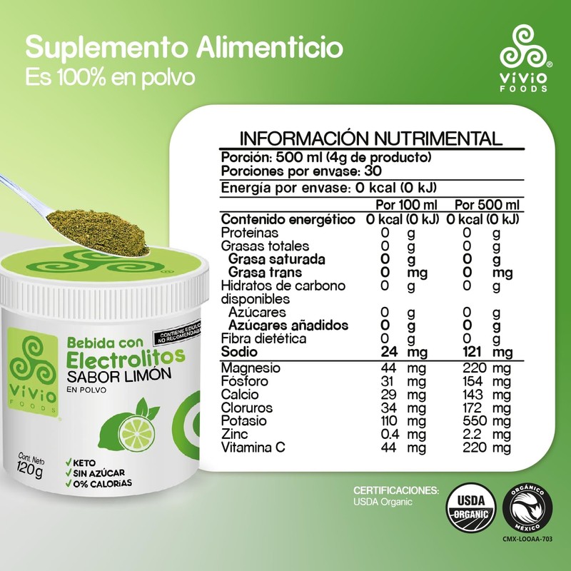 Vivio Foods, Electrolitos en Polvo Sabor Limón 120 gr