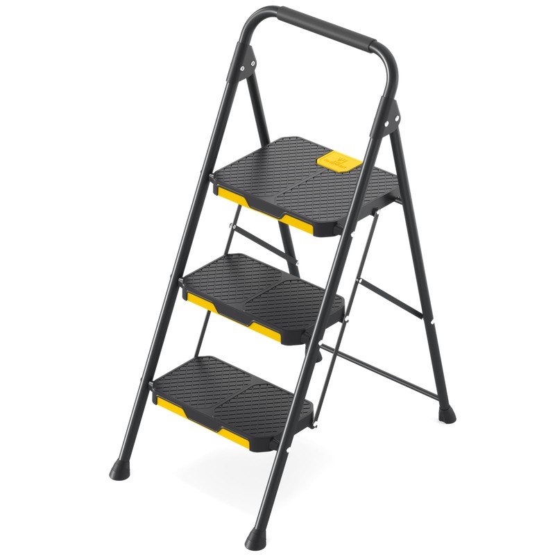 KINGRACK 3 Step Ladder, Sturdy Steel Step Stool with Safe-Lock