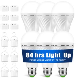 TFOI Rechargeable Emergency LED Light Bulbs, Light Up to 56 hrs, Battery Operated Light Bulb, Self-Charging Light Bulb 1500mAh Battery Backup Light Bulbs for Home Power Failure (E26 6 Pk Daylight)