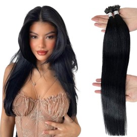 I Tip Hair Extensions 22 Inch Bead Hair Extensions Human Hair Fusion Hair Extensions Color #1 Jet Black 50Strands/40Grams Keratin Tip Human Hair New Technology