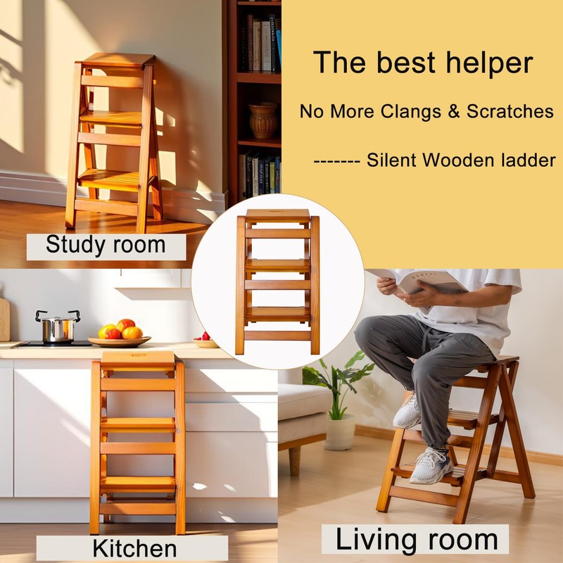 Latifolia Foldable 3 Step Ladder, Wooden Step Stool with Floor