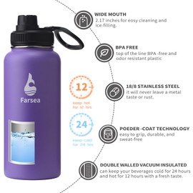 Farsea Insulated Water Bottle With Paracord Handle, Protective Boot and 2 Lids (Straw Lid & Spout Lid), Stainless Steel Water Bottle Wide Mouth, Double Wall Sweat-Proof BPA-Free, 32 oz
