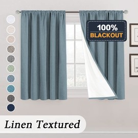 PrinceDeco Natural Linen Curtains 45 inches for Small Window Rod Pocket Complete Blackout Drapes with White Liner,Thermal Insulated & Noise Reducing Panels(Set of 2, Stone Blue)