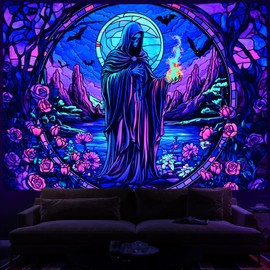 Uspring Blacklight Tapestry Hippie Gothic Tapestries Floral Wall Tapestry Wizard Skull Tapestry Wall Hanging Large UV Tapestry for Bedroom Aesthetic (Purple, 51.2 x 59.1 inches)
