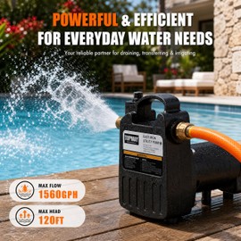 TOPWAY 1/2HP 1560GPH Portable Cast Iron High Pressure Utility Transfer Water Pump with Built-in On/Off Switch,Hose connectors & Suction Strainer.