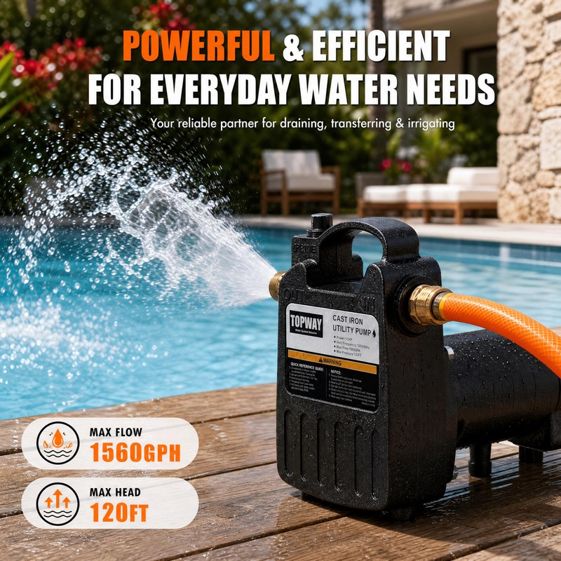 TOPWAY 1/2HP 1560GPH Portable Cast Iron High Pressure Utility Transfer