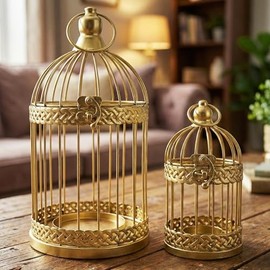 Vela Lanterns Decoración de Jaula de pájaros, portavelas, Farol, decoración Decorativa para Centro de Mesa de Boda, Dorado, Juego de 2