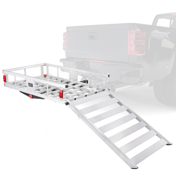 VEVOR 50 x 29.5 x 8.7 in Hitch Cargo Carrier, 500lb Capacity Trailer Hitch Mount Aluminum Cargo Basket with Folding Ramp, Luggage Carrier Rack Fits 2" Hitch Receiver for SUV Truck Pickup Camping
