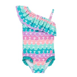 RuffleButts Girls UPF50+ Sun Protection One Shoulder Single Ruffle One Piece Swimsuit - Mermaid, 7
