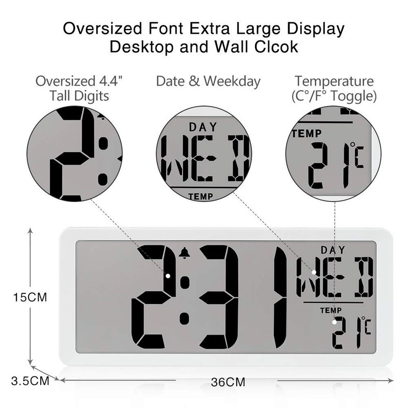 TXL Large Digital Wall Clock - 14.17" Oversized Temp Day