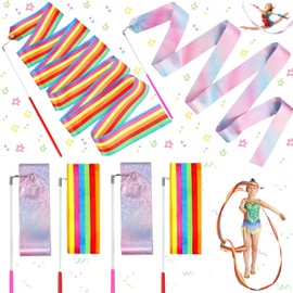 Liekadijiae Pack of 6 Dance Bands, Rainbow Dance Band, Fantasy Coloured Dance Band, Rhythmic Gymnastics Band for Children, Bands Gymnastics Dance Bands with Rod, 2 m Dance Bands Children, Sparkling