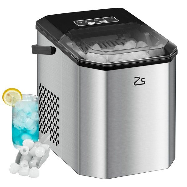 Zstar Ice Maker Countertop, 10,000pcs/26Lbs/Day, Portable Ice Machine with with Ice Scoop, 45lb Quiet Design and Self-Cleaning Function for Kitchen Office Stainless Steel