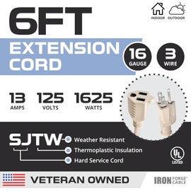 Iron Forge Tools 6 Ft Beige Extension Cord Indoor Outdoor,16/3 Heavy Duty Cable with 3 Prong Plug