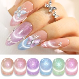 Double Rhythm 6 Colors Cat Eye Gel Nail Polish Set 0.5 Oz Shimmer Glitter with Magnet Holographic Reflective Magnetic UV Nail Polish Kit at Home (Mermaid Nude Pink Blue Green Purple-6 Kit-48)