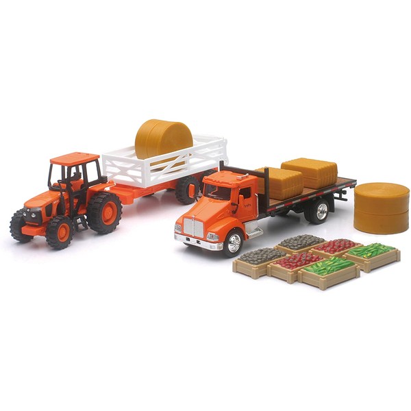 NewRay Kubota Farm Playset with M5 Tractor Truck Trailer Bales and Crates 1/43 Scale Model Vehicles