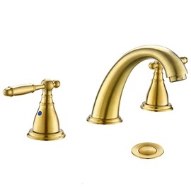 Widespread Brushed Gold 2-Handle 3 Hole Bathroom Faucet with Metal Pop-Up Drain Assembly by Phiestina, Low Arc Bathroom Sink Faucet, WF008-4-BG