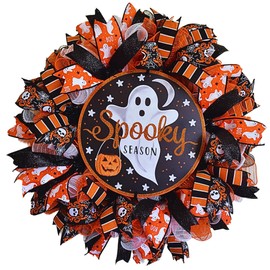 Spooky Season Halloween Wreath – Autumn Ghost Front Door Decoration – Fall Porch Decor – 26 Inch