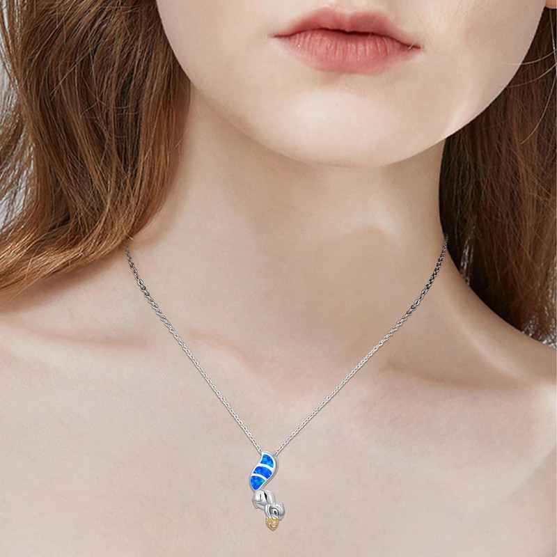 Midir&Etain Squirrel Necklace 925 Sterling Silver Blue Opal Acorn Pendant