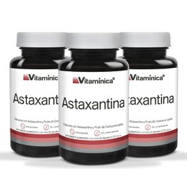Vitaminica Astaxantina Natural 20 mg con Fruta de Cereza 52 mg, 90 Cápsulas, Hecho por PiSA, Antioxidante natural, Paquete de 3, Sin Azúcar, Vegano de Microalgas, 3 Meses, Libre de Gluten