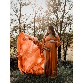 Maternity Gown Bishop Sleeves Baby Shower Dress Wrap Side Slit Sweetheart Maxi Photo Shoot for Photography（ Burnt Orange 2XL ）