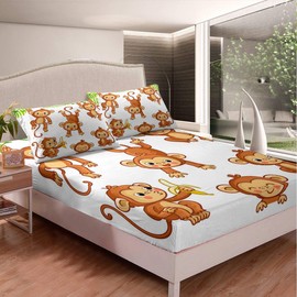 Feelyou Kids Cute Monkeys Bed Sheet Set Cartoon Monkey Banana Decor Bed Sheets for Kids Boys Girls Wild Animal Pattern Bedding Set Natural Wildlife Fitted Sheet Bedroom Collection 3Pcs Queen Size