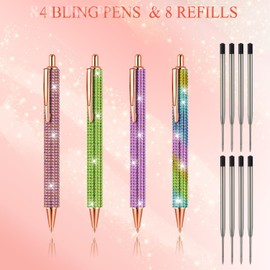 CZFLXLJ Bling Pens for Women, 4Pcs Colorful Rhinestone Glitter Pens and 8Pcs Black Ink Retractable Refills for Gifts and Office Supplies (0.7mm)