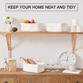 OIAHOMY Cotton Rope Baskets, Woven Baskets for Storage, Nursery Storage Baskets, Decorative Storage Bins, Rectangle Storage Basket with Handles, Storage Baskets for Shelves, Pack of 3, Pure and White