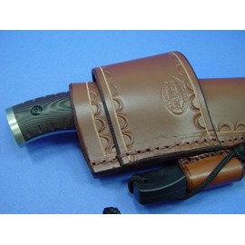 Cross draw knife sheath for the buck Selkirk with a fire steel and striker. Light Brown. Sheath ONLY.