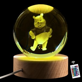 3.15inch Bear 3D Kristallkugel Lampe mit Holzsockel, 16 Farben Dimmbare LED-Kristallkugel Lampe mit Fernbedienung, Figuren Nachtlicht Dekoration, Geburtstagsgeschenk für Jungen Und Mädchen