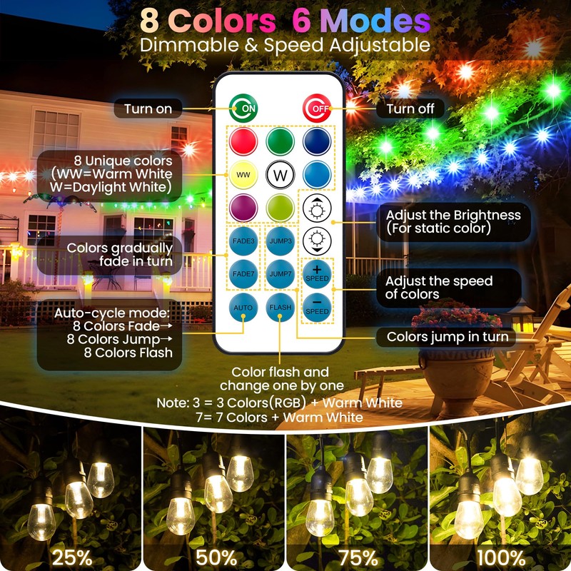 Larkvue 100FT(2x50FT) RGB Solar Outdoor String Lights with Remote, Multicolor&Warm