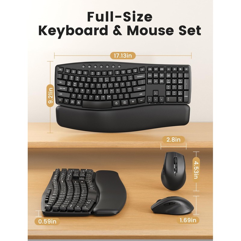 Quiet Wireless Keyboard and Mouse Combo,30dB Silent Ergonomic Full-Size Keyboard