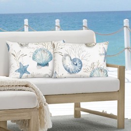 Bonhause Nautical Coastal Cushion Covers 30 x 50 cm Conch Seashell Coral Starfish Ocean Themed Throw Pillow Covers for Sofa Couch Bed Patio Home Seaside Decor Set of 2