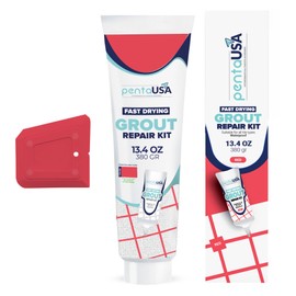 PentaUSA Tile Grout - Large Grout Filler Repairs Renews Tube, Fast Drying Grout Repair Kit, Odorless Formula - Grout Floater Included - 13.4oz / 380gr (Red)