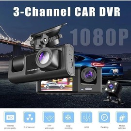 LAMJAD 3 Channel Dash Cam,Dual Dash Camera for Car Front and Inside,1080P Video Recorder, Plug and Play,Night Vision, DVR Vehicle & Dash Cam with 2 Inch Screen,Car Accessory (32GB)