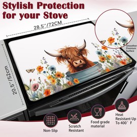Highland Cow Electric Stove Top Cover Protector,Cute Flowers Glass Flat Top Stove Mat,Heat-Resistant Oven Induction Cooktop Mat for Ceramic Countertop Mats Dish Drying Mat
