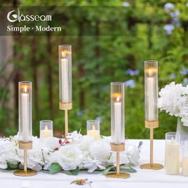 Glasseam Glass Hurricane Candle Holder: Gold Candlestick Holders Set of 3 Modern Taper Candle Holders with Ribbed Glass Cylinder Cover Tall Candleholder for Table Centerpiece Christmas Wedding Outdoor