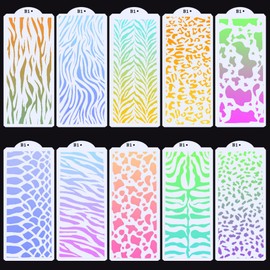 GORGECRAFT Pack of 10 Art Texture Stencils Made of Plastic Reusable Template for Mixed Media Leopard Cow Print Abstract Layered Edge Stencils for Painting Furniture Decoration 26.3 x 11.25 cm