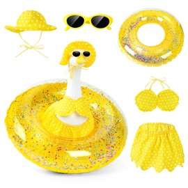 Summer Bikini Porch Goose Outfits, Hawaiian Luau Yellow Polka Dot Goose Outfit with Hat, Swimsuit, Sunglasses & Swim Ring for Outdoor Lawn Garden Patio 23 Inch Plastic/Cement Goose Statue Art Decor