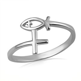 Claddagh Gold Polished 925 Sterling Silver 2mm Christian Jesus Ichthys Fish Cross Faith Band Statement Ring for Women (12)