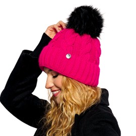 ELIMELI® Winter Hat Women's Hat with Fur Pom Fleece Lining Lined - Warm Women's Bobble Hat Knitted Hat - Winter Hat with Faux Fur Bobble - Slouch Knitted Beanie Made in EU, Red (Amaranth)