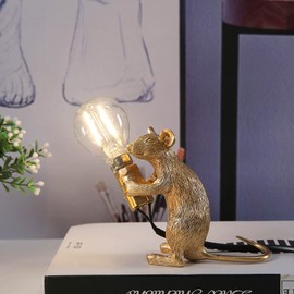 NorDiem Modern Cute Art Mouse Table Lamp Children's Bedside Gift Mini Mouse Lamp LED Resin Animal Small Mice Desk Lights (Gold Sitting)
