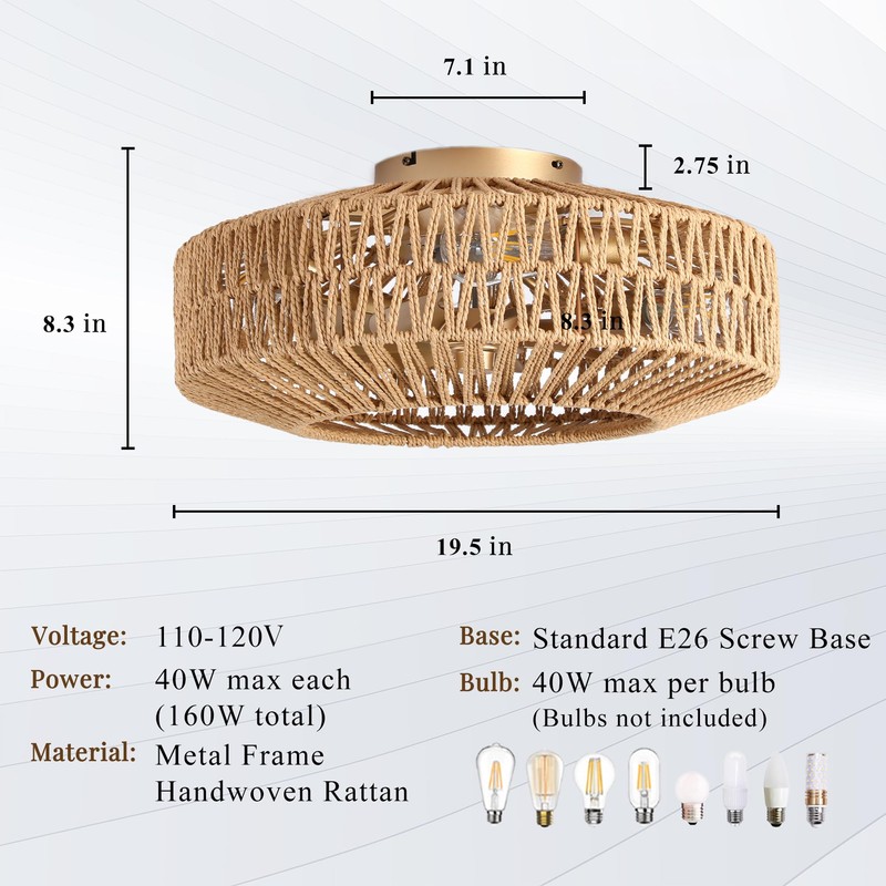 Bewishing 20'' Boho Gold-Colored Rattan Fandelier with Light & Remote