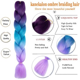 FANWYFYU Ombre Braiding Hair, 3Pack/Lot Ombre Braiding Hair Extensions High Temperature Synthetic 24inch Pre Stretched Braiding Hair,for Box Braids Braiding Hair (Dark Purple-Lake Blue-Light Purple)