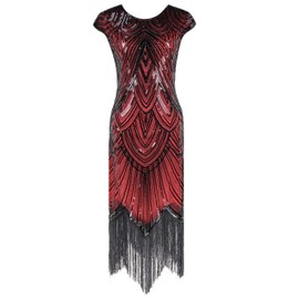 Women's Flapper Dresses 1920s Gatsby Sequin Fringed Party Costume with Headpiece (Style02-Black&Red, Large)