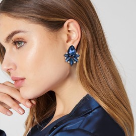 EVER FAITH Vintage Rhinestone Clip On Stud Earrings for Women, Fancy Crystal Cluster Teardrop Art Deco Non Pierced Earring for Wedding Bridal Brides Navy Blue Black-Tone